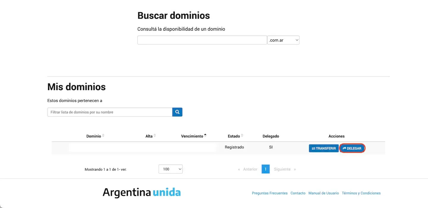 Delegate option in Nic.ar.
