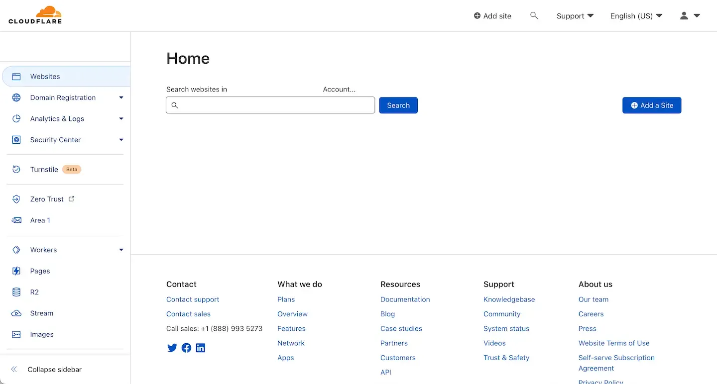 Creating a new website in Cloudflare.