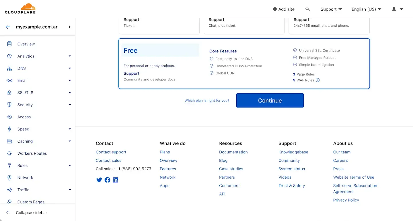 Selecting the free Cloudflare princing plan.